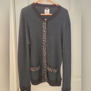 Chanel FR48 Hunter Green Cardigan with Black/White Tweed Trim EUC